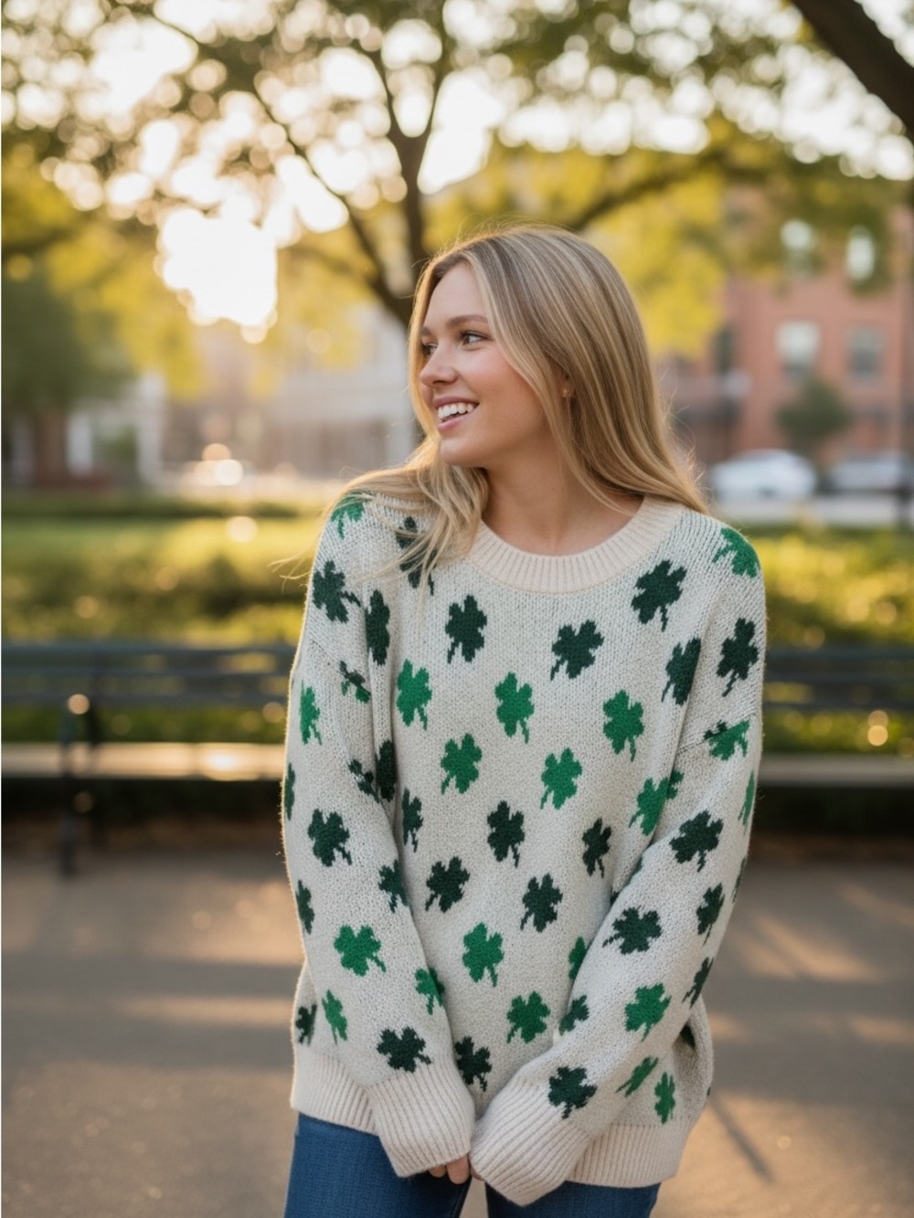 Vince Camuto Cream Sweater with Green Clover Pattern | Size XS